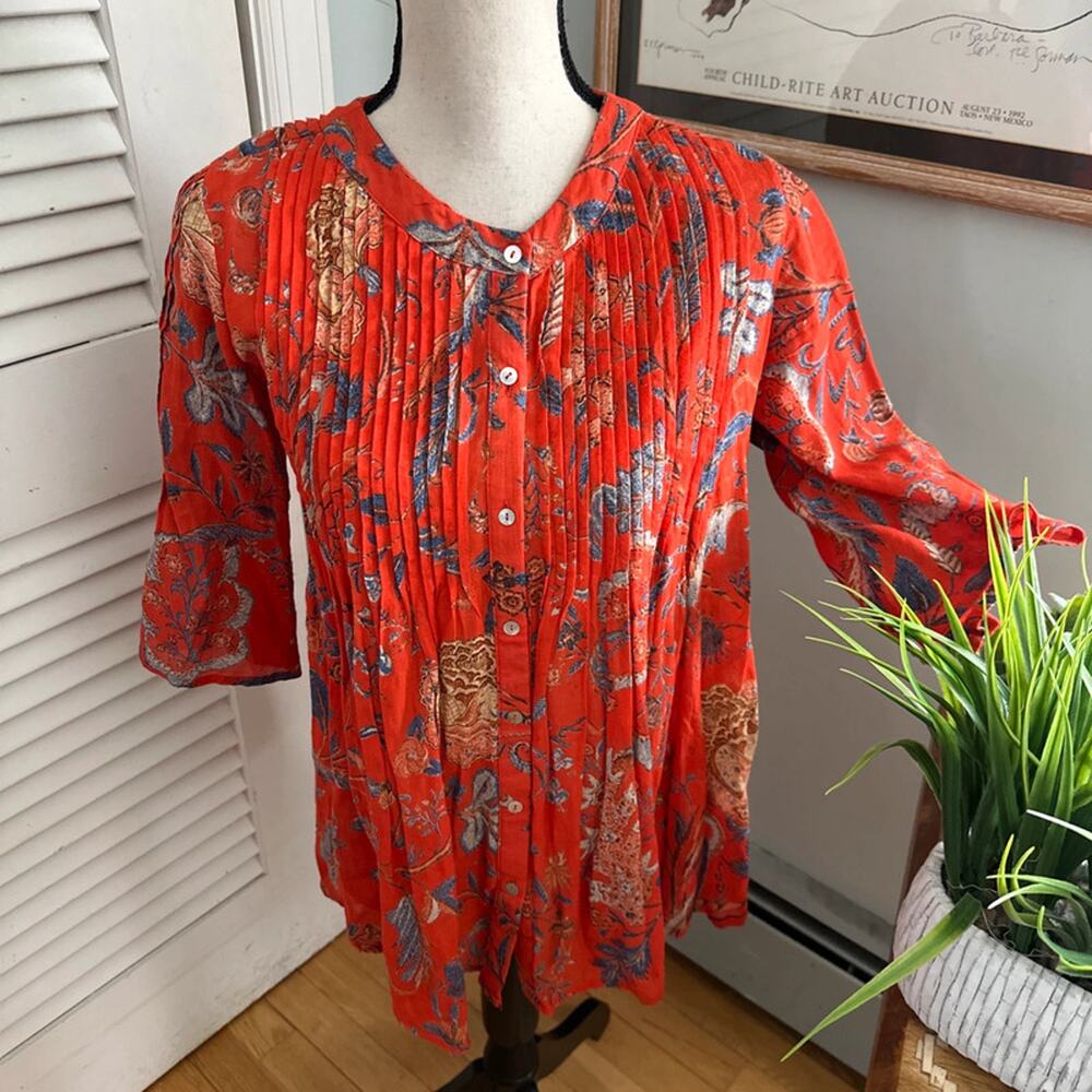 Label Rita Kumar Tunic Womens Small Red Floral Pintuck Boho Beach Resort